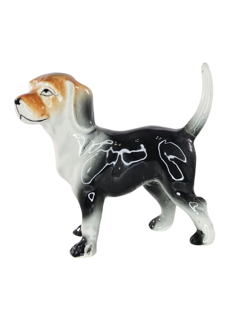 Vintage Ceramic Beagle Dog Figurine Japan Black Brown White Glaze 3.5" *REPAIRED